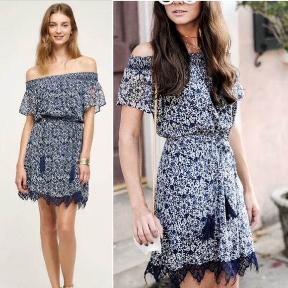 Greylin Womens Dress Size Small Blue Printed Off Shoulder Lace Hem Blouson Mini - Picture 1 of 10